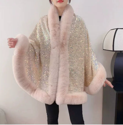 Women's Short Winter Jacket with Fur Collar and Sequin Shawl 2025