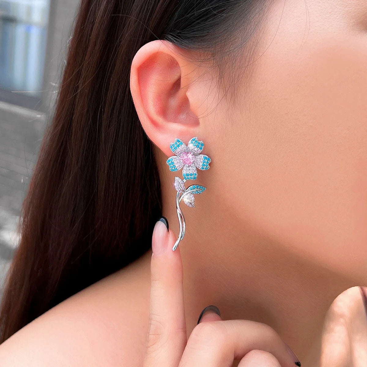 Sunflower Charm CZ Drop Earrings