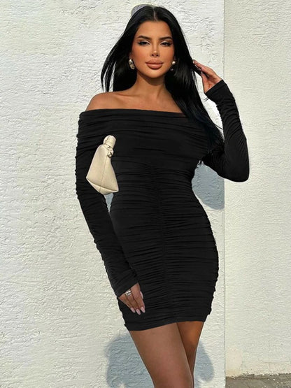 CLO062DJ
 Fashion Sexy Off Shoulder Long Sleeve Folds Short Dress Autumn Woman Clothes Slash Neck Ruched Tunics Party Club Dresses - Klixstore