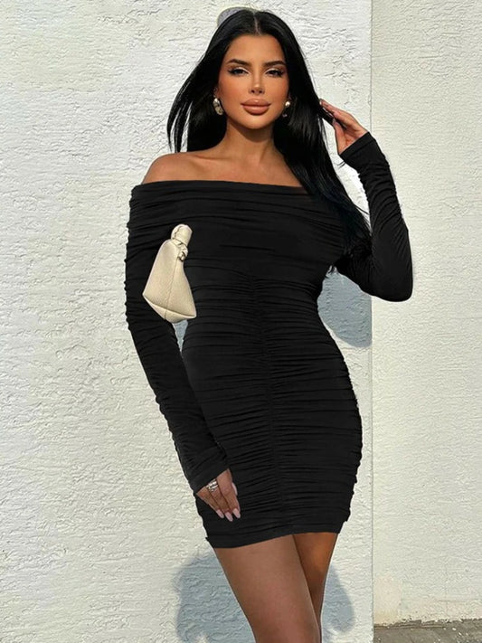 CLO062DJ
 Fashion Sexy Off Shoulder Long Sleeve Folds Short Dress Autumn Woman Clothes Slash Neck Ruched Tunics Party Club Dresses - Klixstore