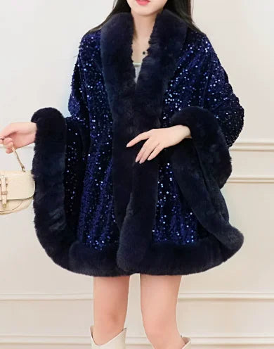 Women's Short Winter Jacket with Fur Collar and Sequin Shawl 2025
