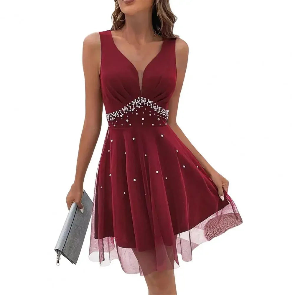 V Neck Pearl A-line Summer Evening Dress