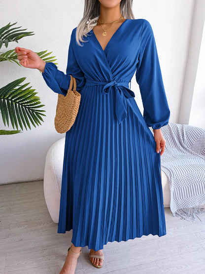 Women's Elegant V-Neck Pleated Maxi Dress