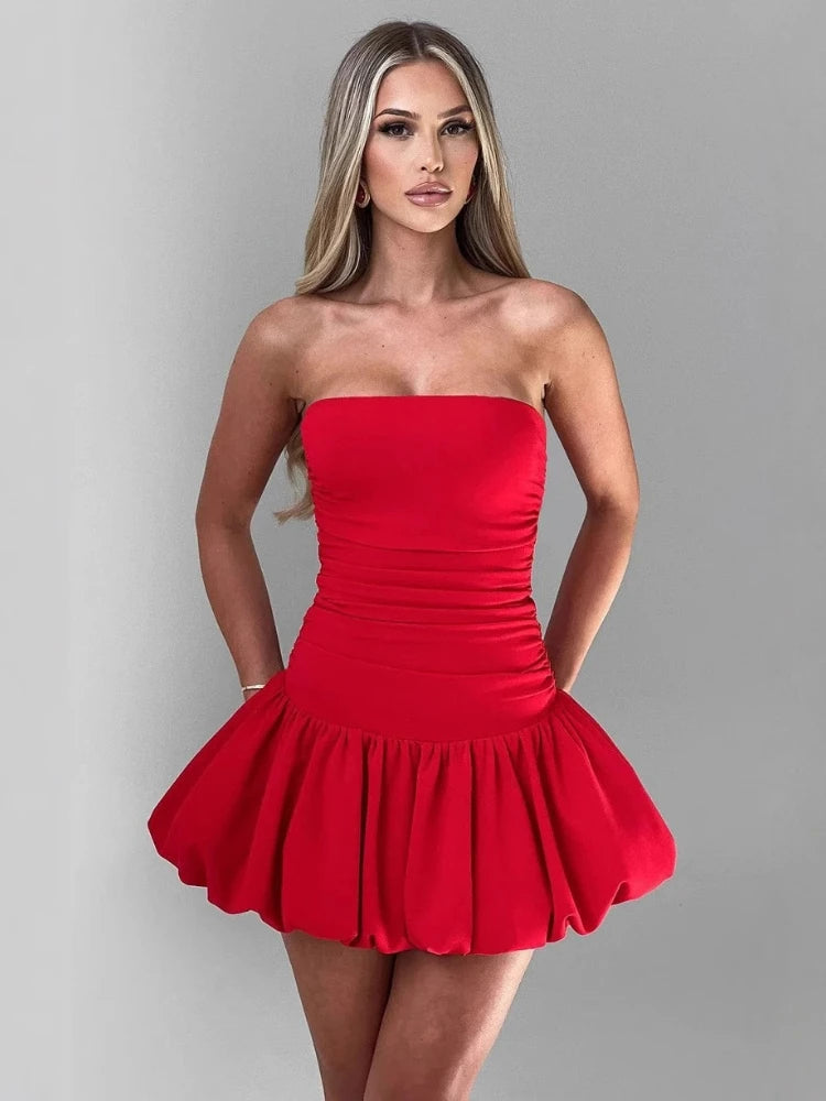 CLO057DJ  Woman Clothing Red Dress Sexy Off Shoulder Backless Tunics Ball Gown Female Sleeveless Ruched Pleated - Klixstore