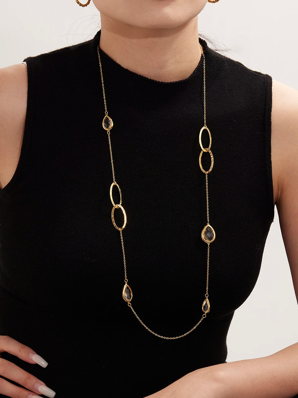 18k Gold Droplet Glass Stone Long Necklace for Women