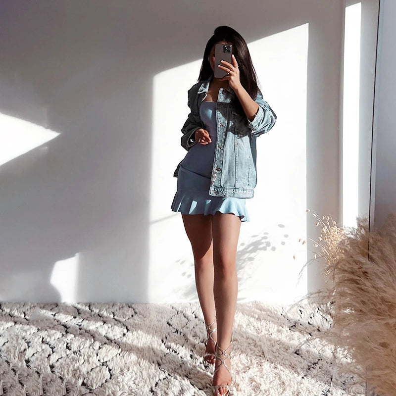 Strapless Blue Pleated Mini Dress