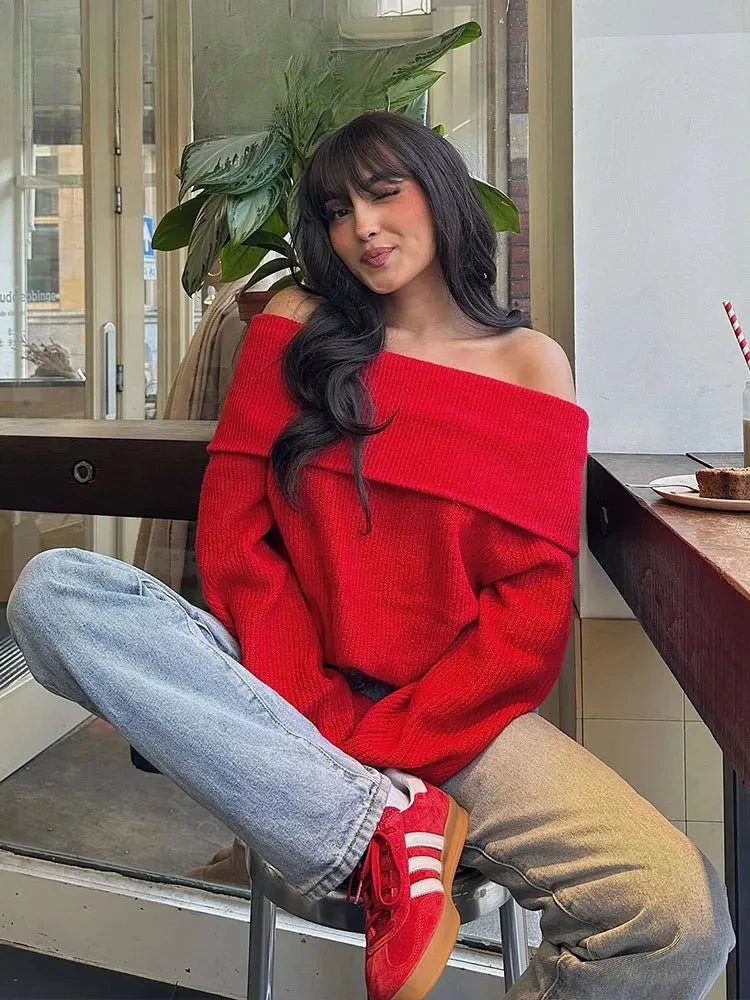 Off Shoulder Knitted Sweater for Women