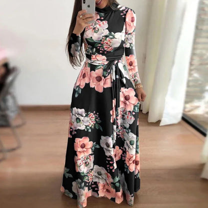 Boho Floral Print Long Sleeve Maxi Dress