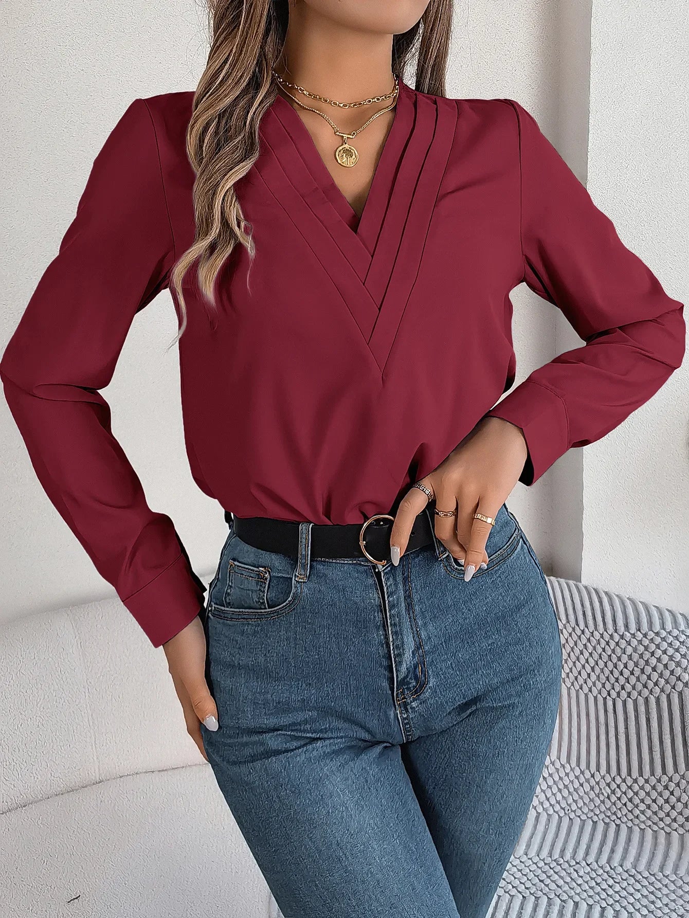 VigoCasey 2025 Elegant V-Neck Long Sleeve Women’s Top