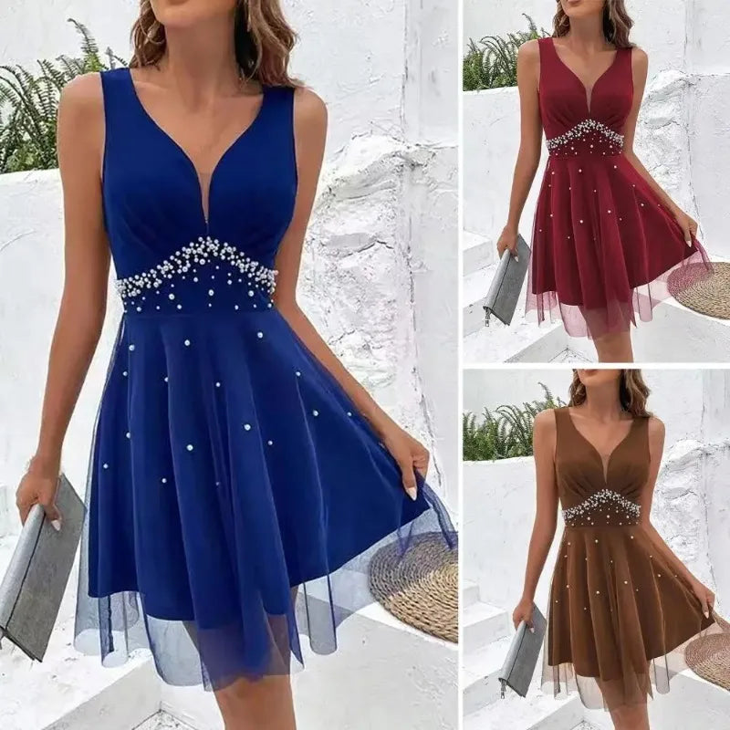 V Neck Pearl A-line Summer Evening Dress