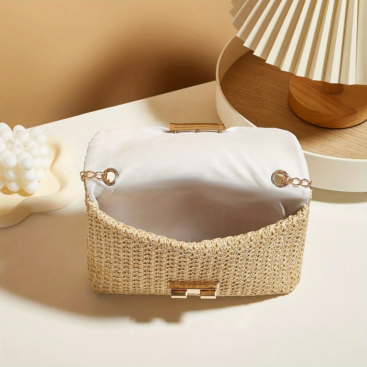 Women's Woven Straw Crossbody Bag | Handwoven Shoulder Purse with Lock Closure