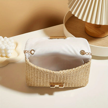 Women's Woven Straw Crossbody Bag | Handwoven Shoulder Purse with Lock Closure