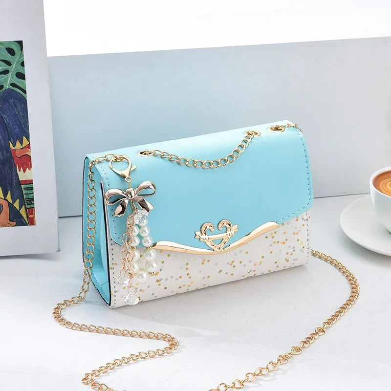 Korean Bow Sequin Shoulder Bag with Chain & Pendant