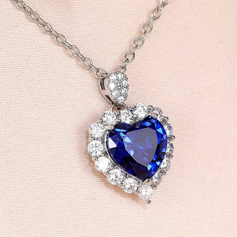 925 Sterling Silver Blue Crystal Heart Necklace for Women