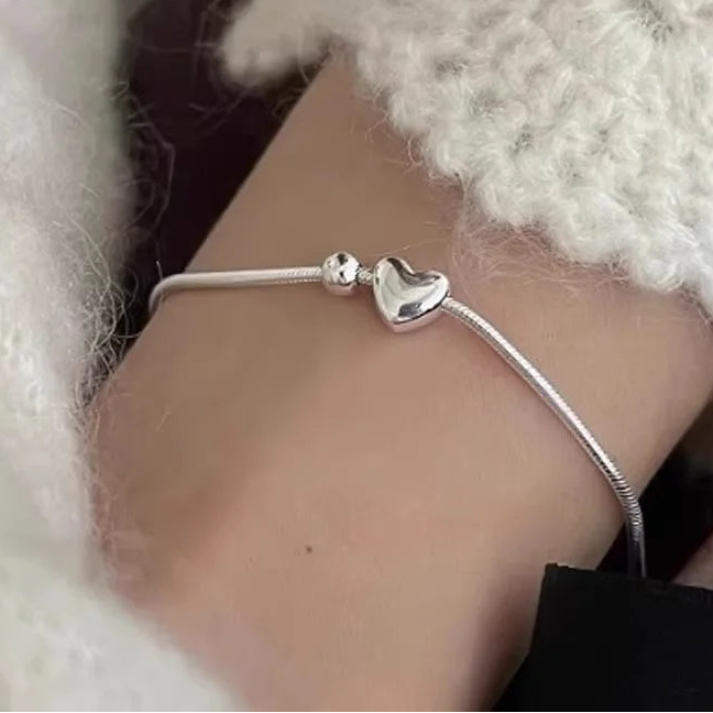 Heart Charm Snake Chain 925 Sterling Silver Bracelet