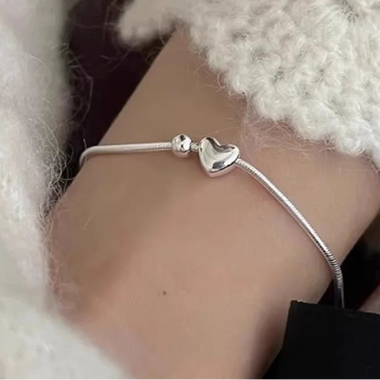 Heart Charm Snake Chain 925 Sterling Silver Bracelet