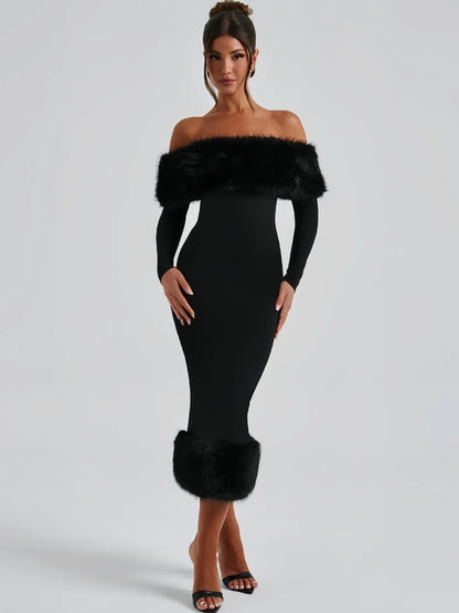 CLO031DJ
Autumn Winter Fur Patchwork Evening Dresses for Women Elegant Sexy Slash Neck Backless Bodycon Party Prom Dress Black Gowns - Klixstore