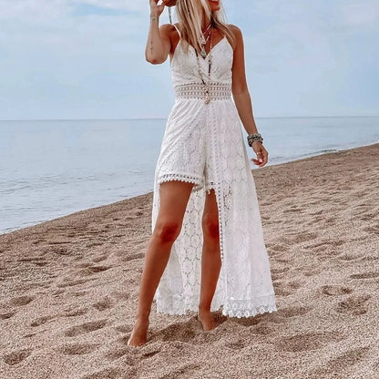 Lace V-Neck Hollow Out Bohemian Midi Dress