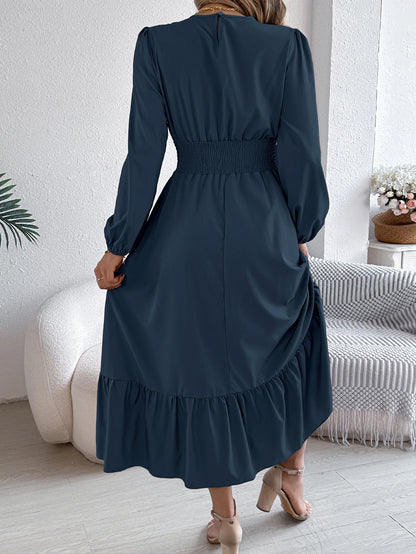 Solid Color Lotus Leaf Hem Midi Dress – Long Sleeve