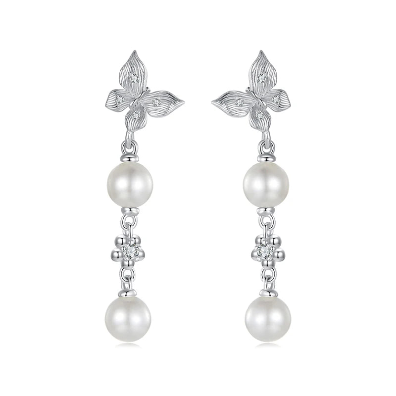 JEW014ER     Solid 925 Sterling Silver Elegant Pearl Butterfly Stud - Klixstore