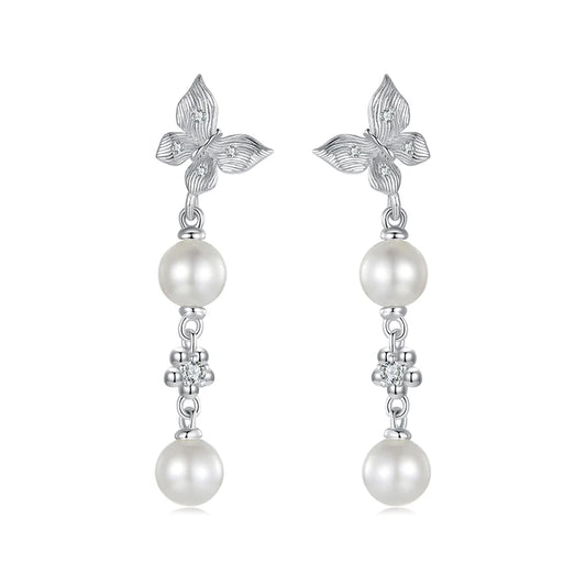 JEW014ER     Solid 925 Sterling Silver Elegant Pearl Butterfly Stud - Klixstore