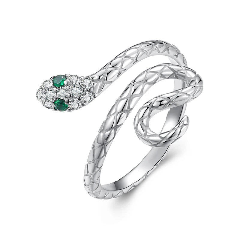 JEW018R        White Gold Plated Snake Ring with Emerald CZ Eye, Adjustable - Klixstore