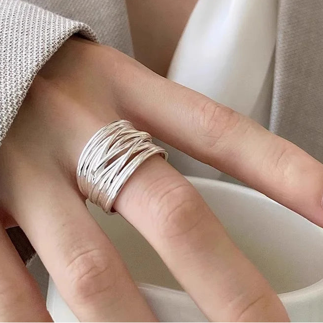 Genuine 925 Sterling Silver Irregular Adjustable Opening Ring for Women