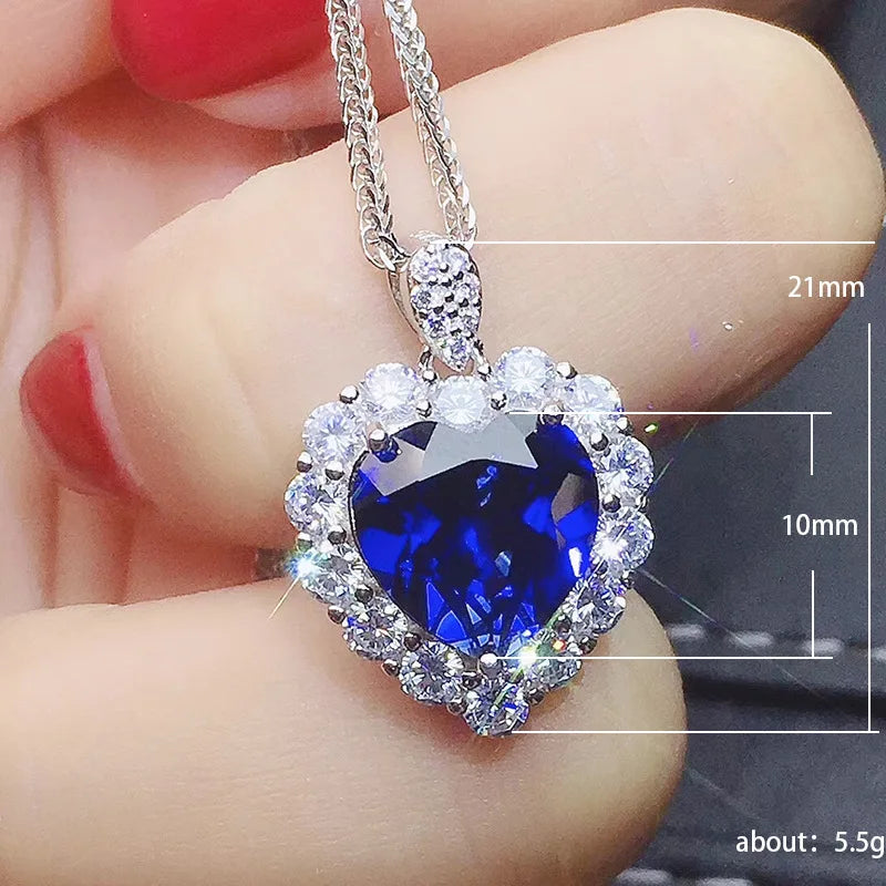925 Sterling Silver Blue Crystal Heart Necklace for Women