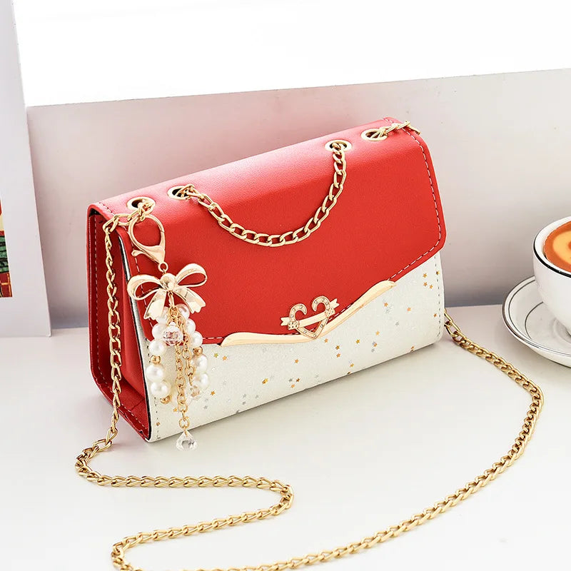 Korean Bow Sequin Shoulder Bag with Chain & Pendant