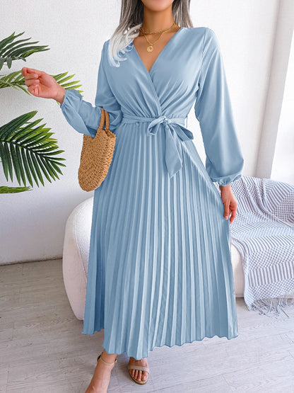 Women's Elegant V-Neck Pleated Maxi Dress