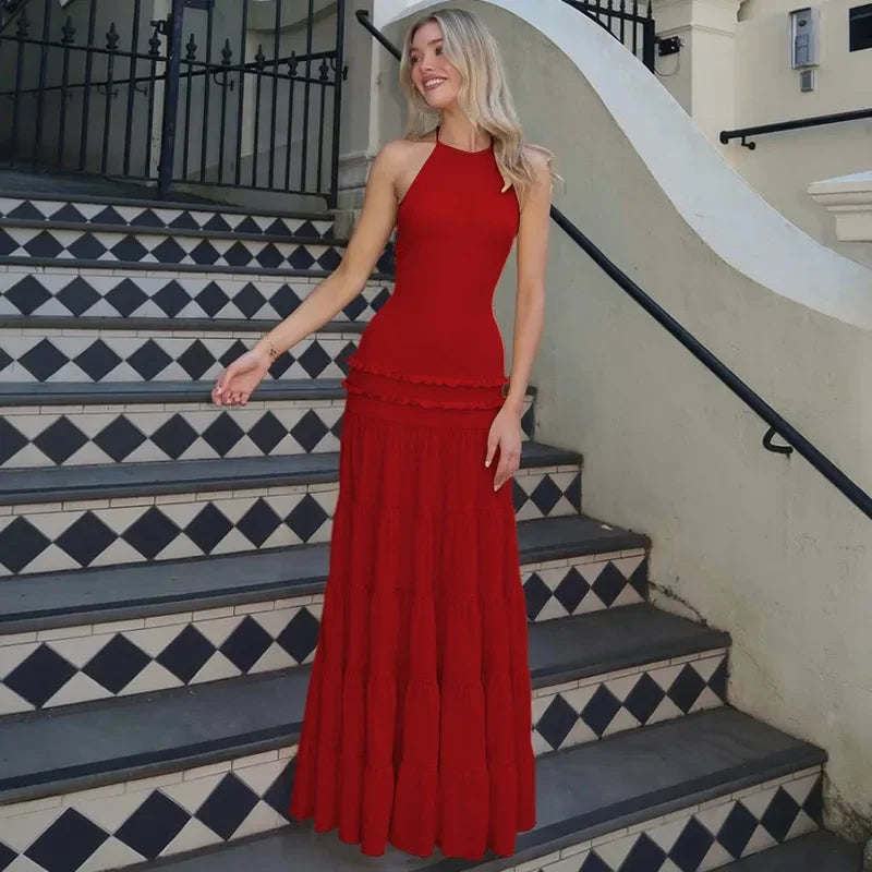 CLO011DJ
 Women's Halter Neck Backless Ruched Long Holiday Dresses Sexy Sleeveless Lace-up High Waist A-line Evening Party Dress - Klixstore