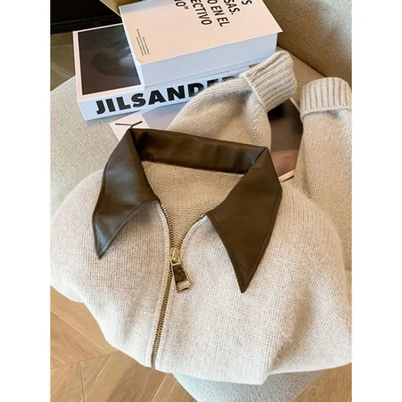 Polo Collar PU Spliced Knit Cardigan for Women