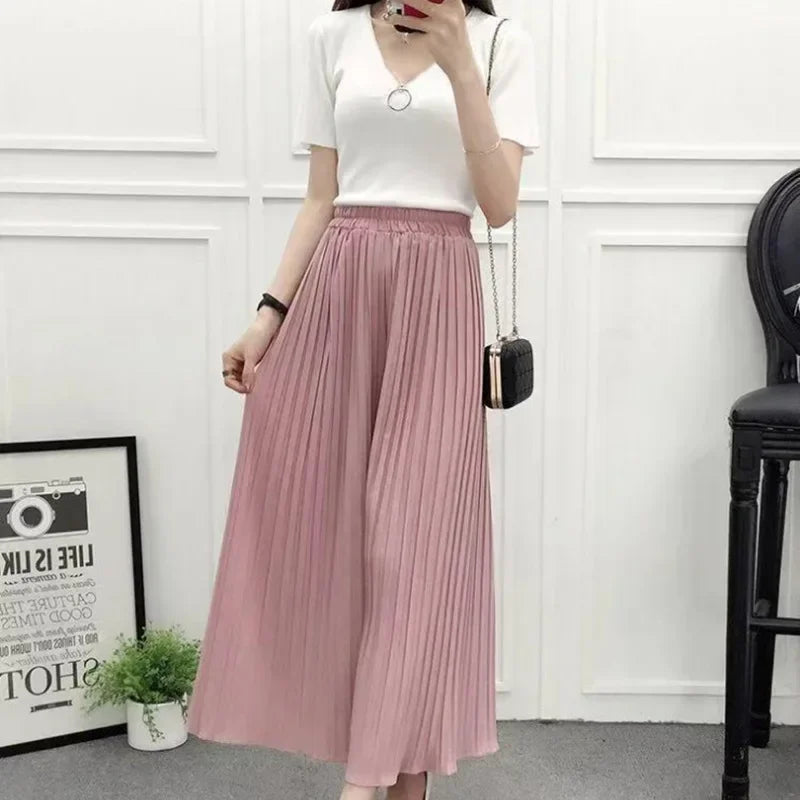 Elastic Waist Pleated Wide Leg Skirt Pants