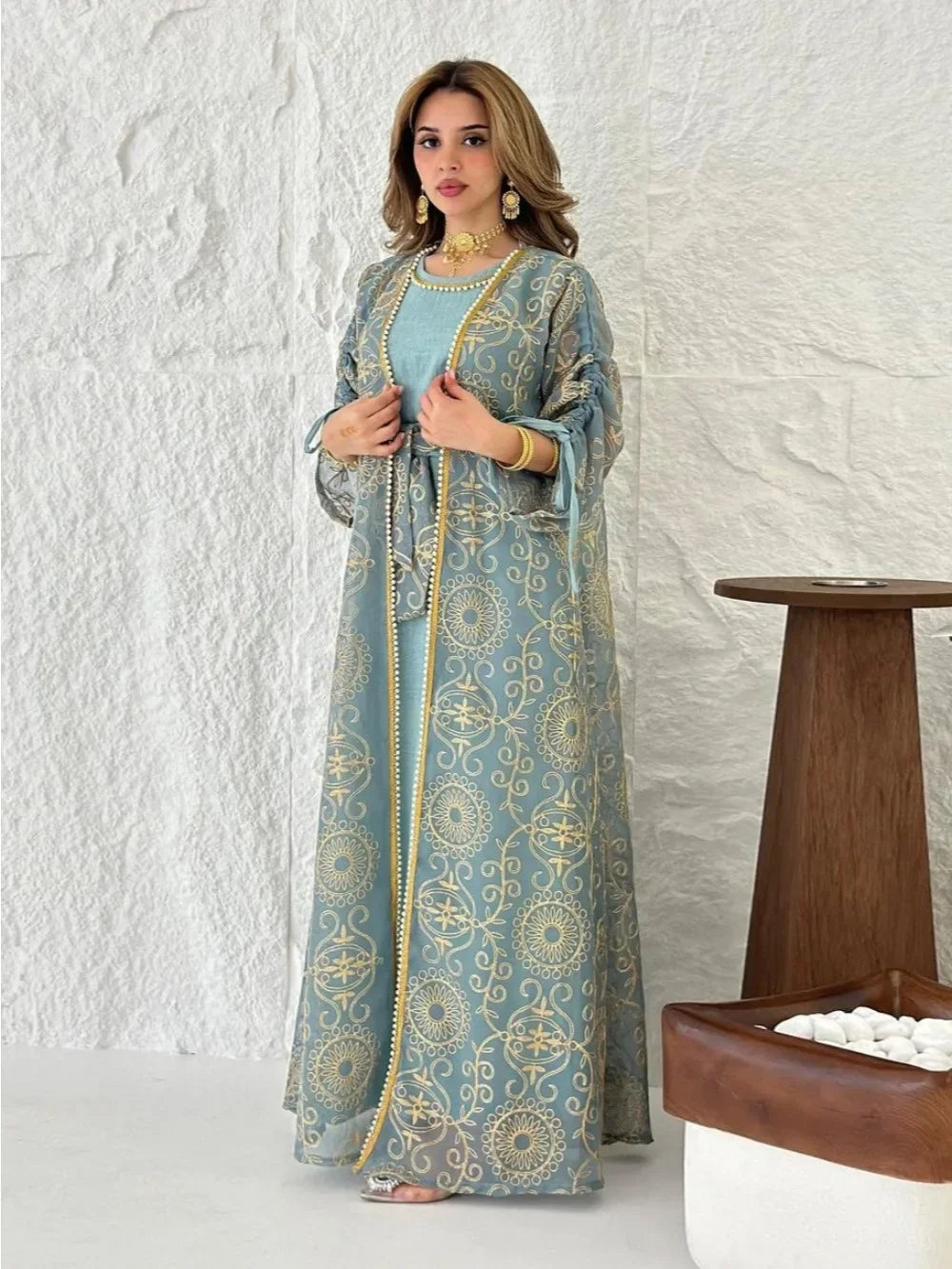 Embroidered Muslim Abaya 2-Piece Set | Kaftan Cardigan & Lace-Up Dress