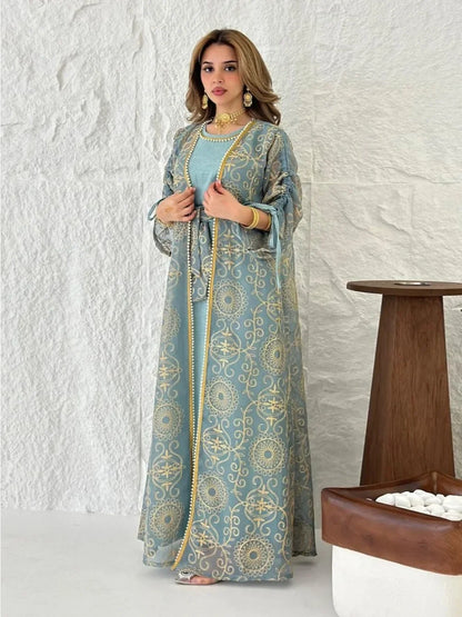Embroidered Muslim Abaya 2-Piece Set | Kaftan Cardigan & Lace-Up Dress