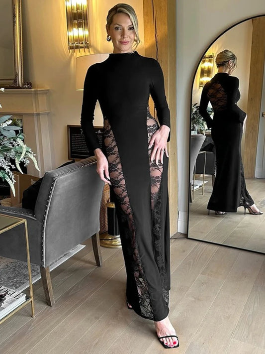 Black Lace Patchwork See-Through Maxi Dress