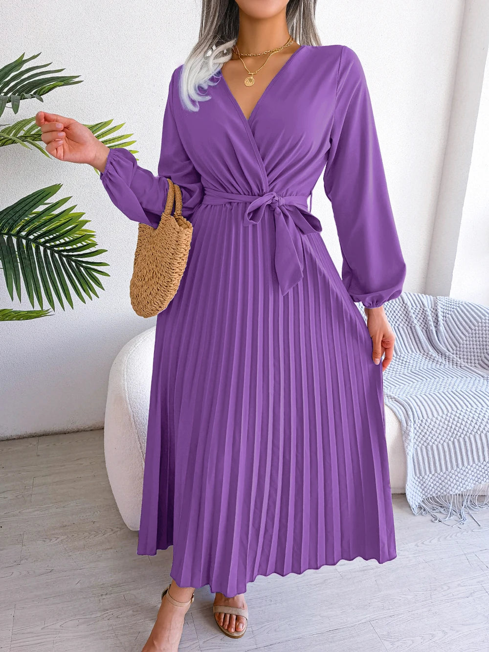 Women's Elegant V-Neck Pleated Maxi Dress