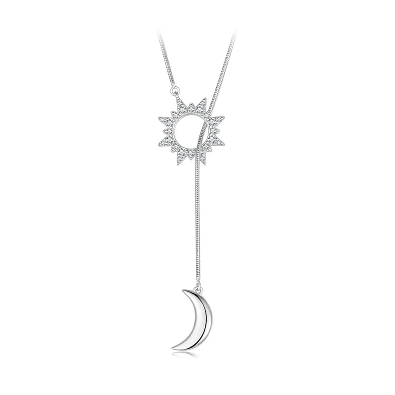 JEW011NEC     White Gold Plated Sun & Moon Y-shaped Necklace, High Quality 925 Sterling Silver - Klixstore