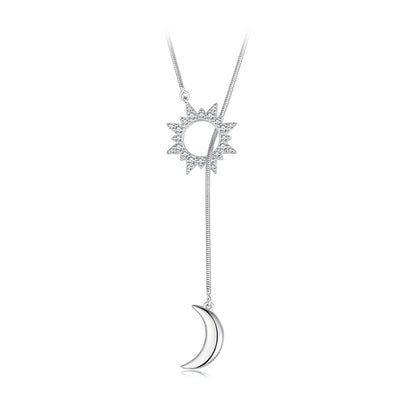 JEW011NEC     White Gold Plated Sun & Moon Y-shaped Necklace, High Quality 925 Sterling Silver - Klixstore