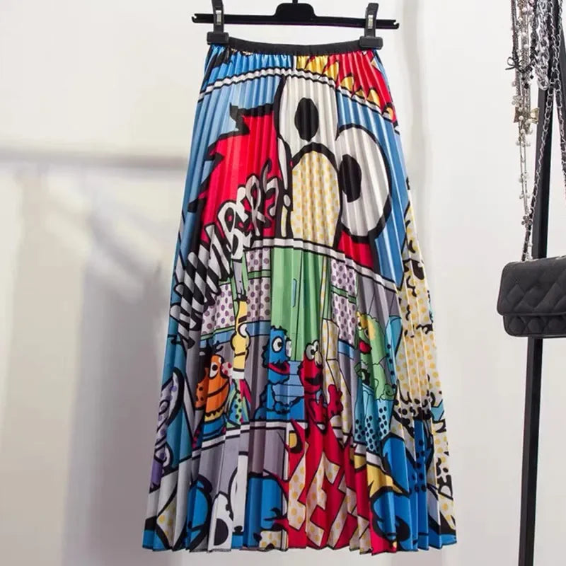 Women's Cartoon Print Pleated A-Line Skirt