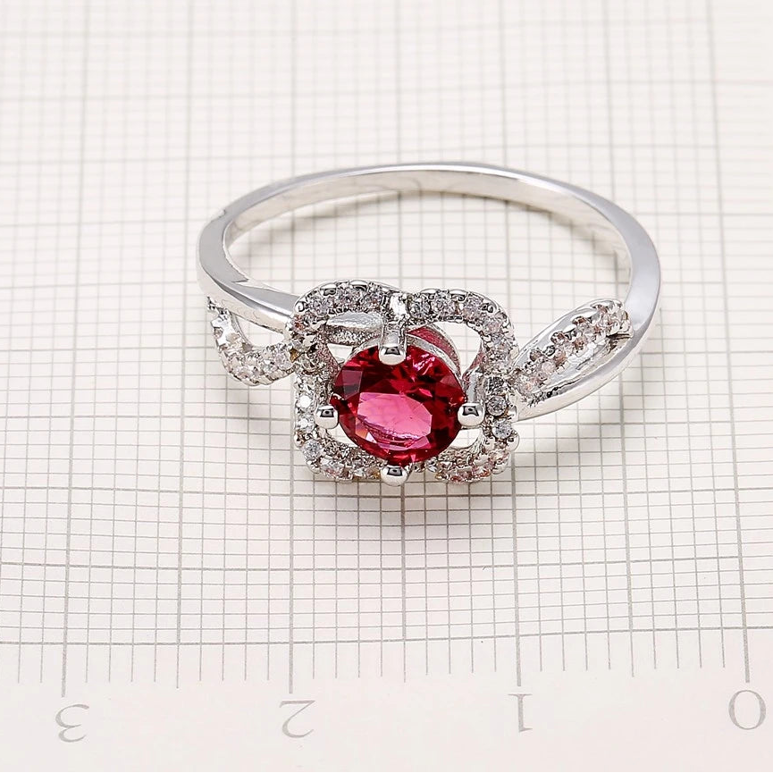 Red Stone CZ Crystal 925 Sterling Silver Ring for Women