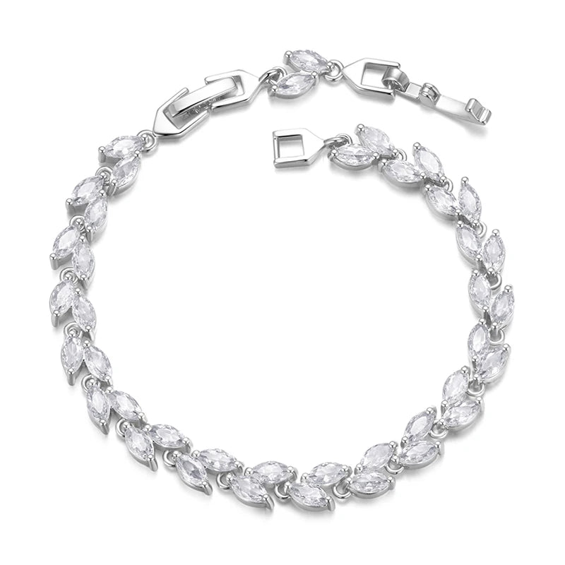 JEW001BR   White Gold Plated Sparkling Cubic Zirconia Classic Olive Leaf Bracelet - Klixstore