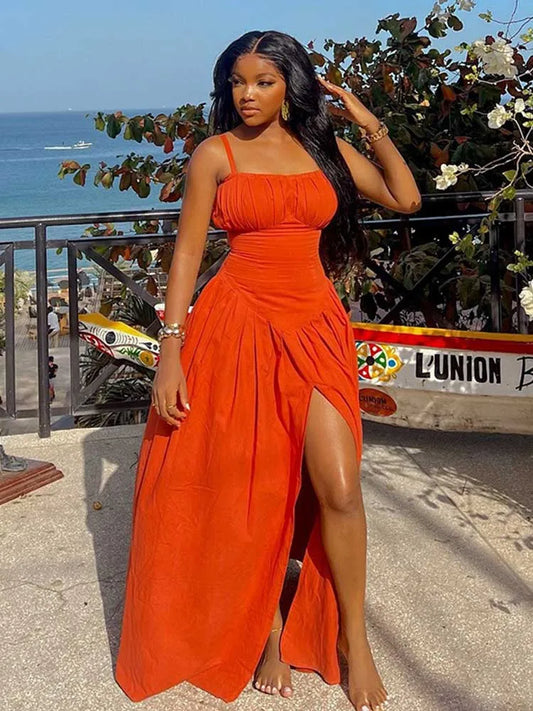 Spaghetti Strap Orange Side Split Dress