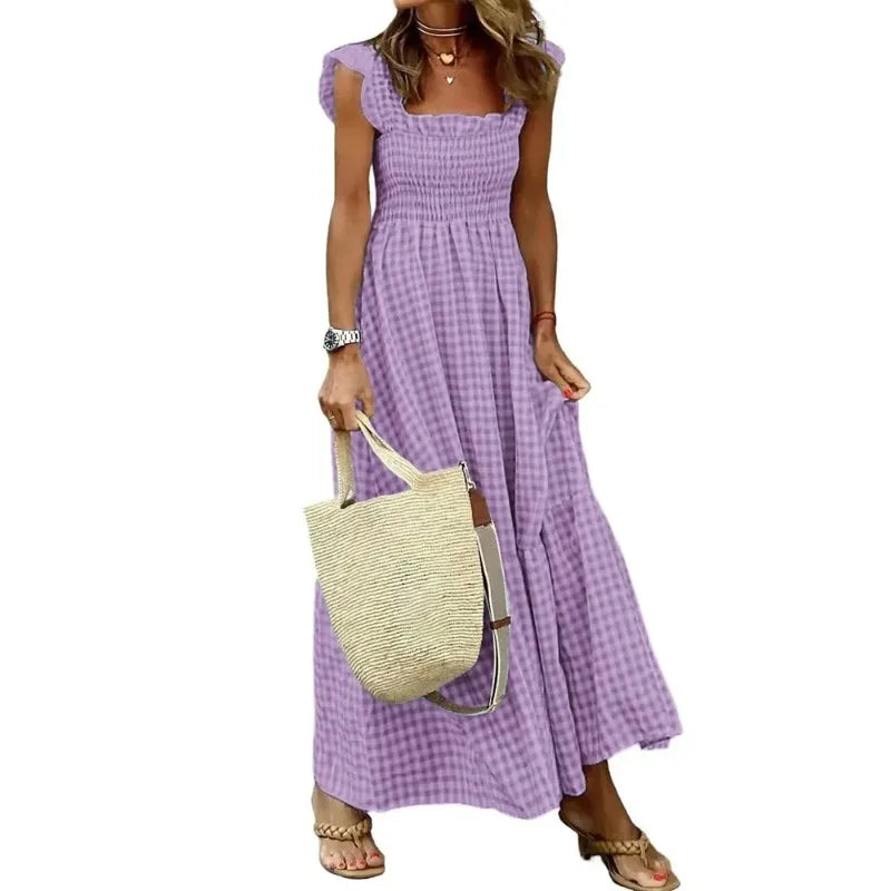 Elegant Plaid Ruffle Slip Maxi Dress