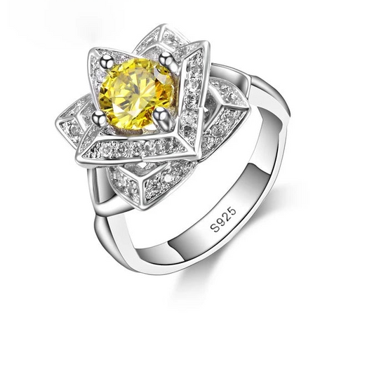 925 Sterling Silver Yellow CZ Crystal Engagement Ring for Women
