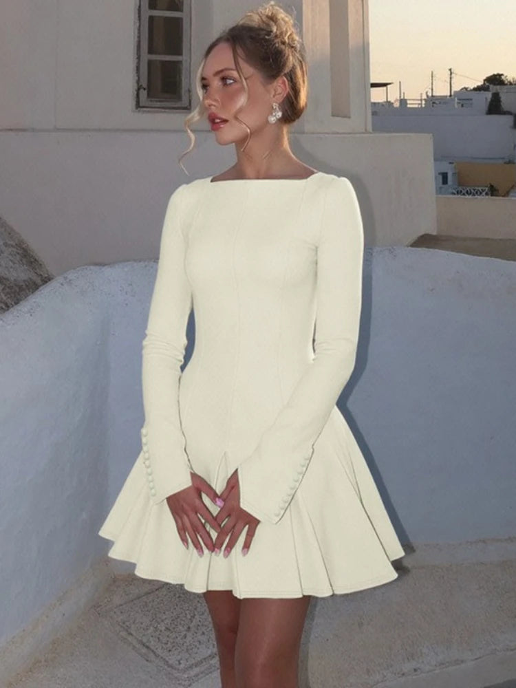 Elegant High Waist Pleated Long Sleeve Dress