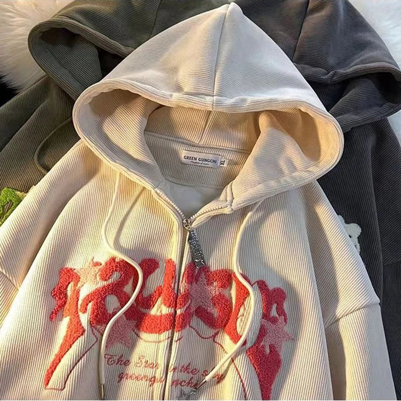 Embroidery Zip Up Hoodie for Women