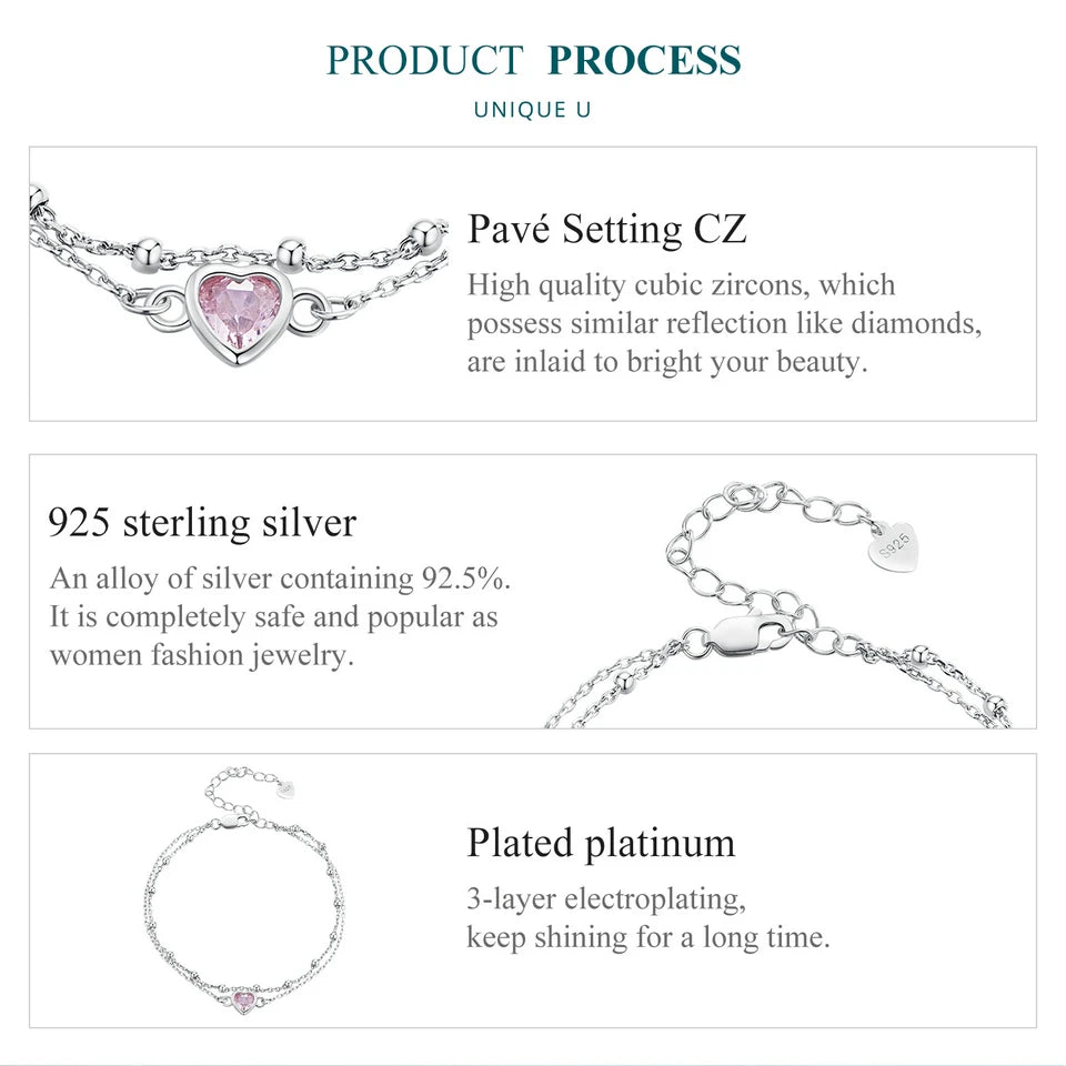 925 Silver Double Layer Pink Heart Bracelet