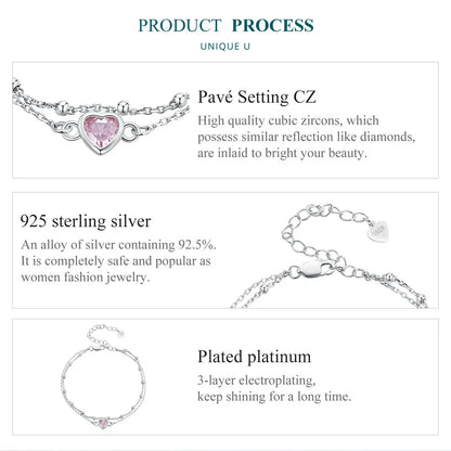 925 Silver Double Layer Pink Heart Bracelet