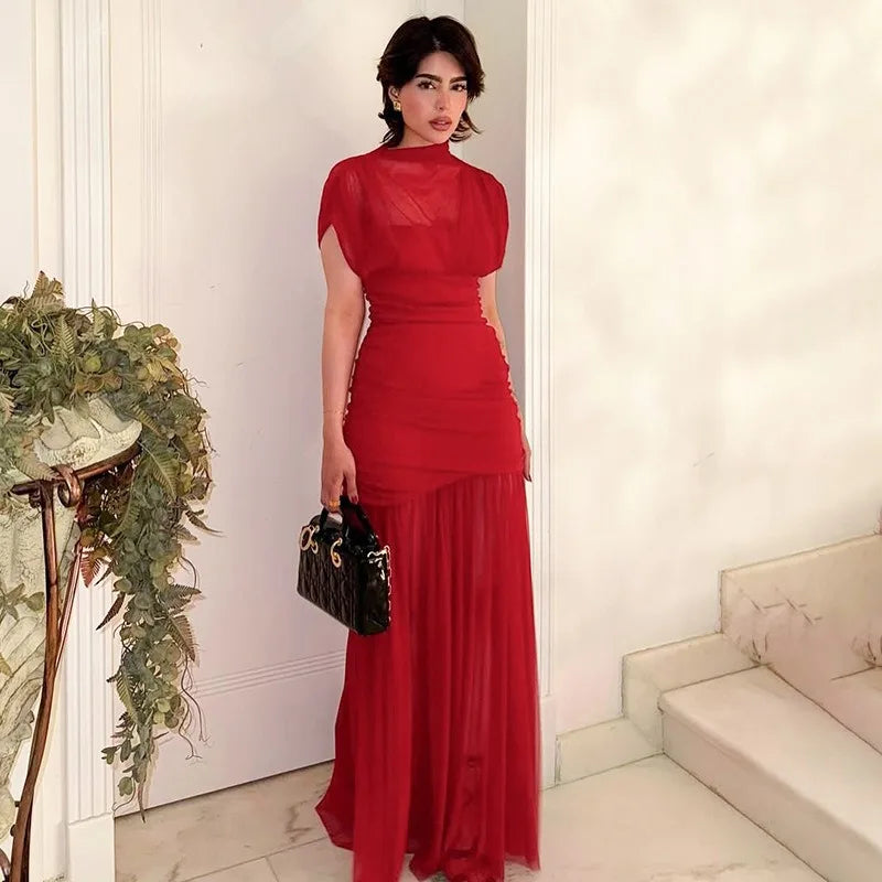 DJ Red Pleated A-Line Maxi Evening Dress